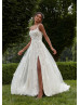 Beaded Spaghetti Straps Ivory 3D Lace Tulle Slit Chic Wedding Dress